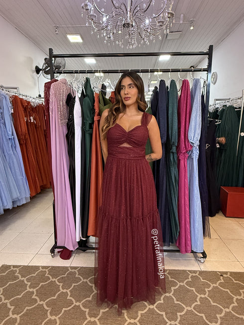 VESTIDO DECOTE TRIANGULO TULE BRILHANTE